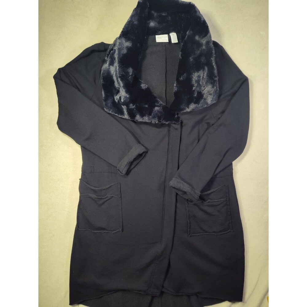 Chicos Zenergy Black Faux Fur Shawl Collar Fleece Jacket Cardigan Womens Medium